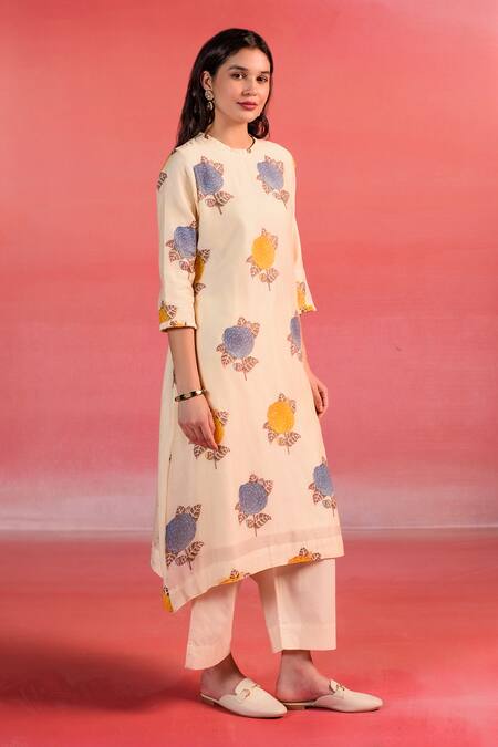 Buy Kameez Beige Chanderi, Cotton Embroidery Round Sandstone Floral Print Kurta And Pant Set Online at Aza Fashions Buy_Kameez_Beige Chanderi, Cotton Embroidery Round Sandstone Floral Print Kurta And Pant Set_Online_at_Aza_Fashions