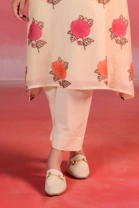 Kameez_Beige Kurta Chanderi Block Printed Flower Round Desert A-line And Pant Set_Online_at_Aza_Fashions