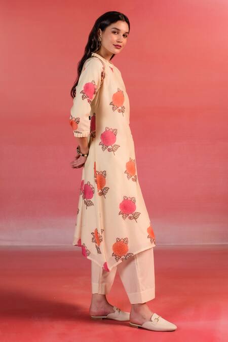 Buy_Kameez_Beige Kurta Chanderi Block Printed Flower Round Desert A-line And Pant Set_Online_at_Aza_Fashions