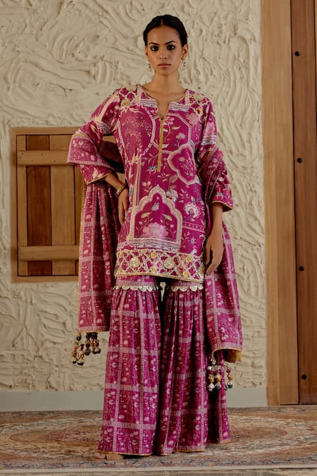 Sage Saga Pink Chanderi Silk Print Mughal Floral Notched Neck Kurta Sharara Set 