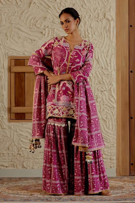 Sage Saga Mughal Floral Print Kurta Sharara Set 