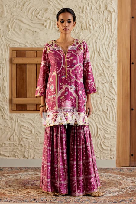 Sage Saga_Pink Silk, Gota Patti, Mughal Floral Print Kurta Sharara Set _Online_at_Aza_Fashions