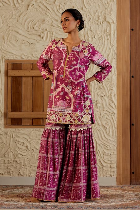 Buy_Sage Saga_Pink Silk, Gota Patti, Mughal Floral Print Kurta Sharara Set _Online_at_Aza_Fashions