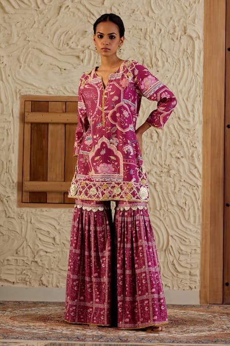 Shop_Sage Saga_Pink Silk, Gota Patti, Mughal Floral Print Kurta Sharara Set _Online_at_Aza_Fashions