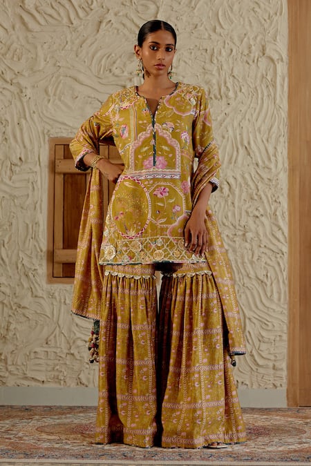 Sage Saga Yellow Chanderi Silk Print Mughal Floral Notched Neck Sarson Kurta Sharara Set 