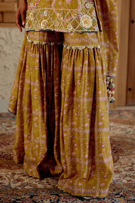 Buy_Sage Saga_Yellow Chanderi Silk Gota Patti, Sarson Floral Print Kurta Sharara Set _Online_at_Aza_Fashions