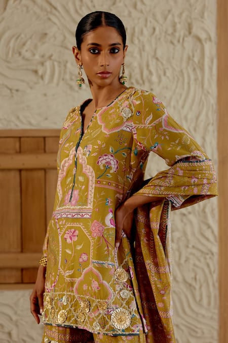 Shop_Sage Saga_Yellow Chanderi Silk Gota Patti, Sarson Floral Print Kurta Sharara Set _Online_at_Aza_Fashions