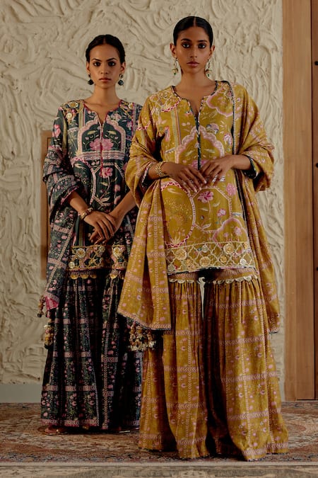 Sage Saga_Yellow Chanderi Silk Gota Patti, Sarson Floral Print Kurta Sharara Set _at_Aza_Fashions