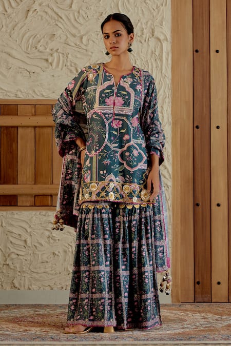 Sage Saga Morni Floral Print Kurta Sharara Set 