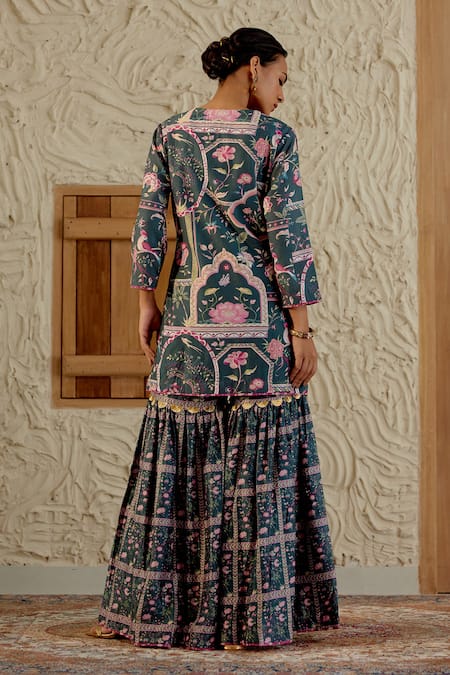 Sage Saga Morni Floral Print Kurta Sharara Set 