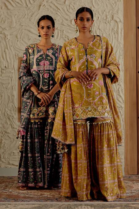 Sage Saga_Green Chanderi Silk Embroidery, Gota Patti, Morni Floral Print Kurta Sharara Set _Online_at_Aza_Fashions