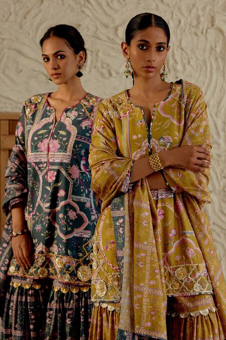 Buy_Sage Saga_Green Chanderi Silk Embroidery, Gota Patti, Morni Floral Print Kurta Sharara Set _Online_at_Aza_Fashions