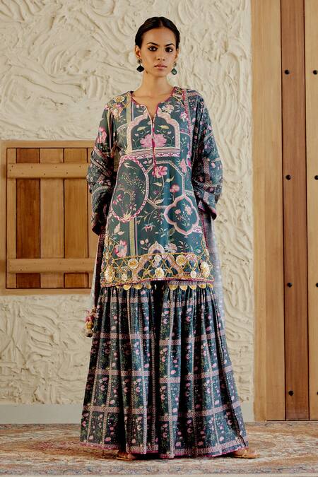 Shop_Sage Saga_Green Chanderi Silk Embroidery, Gota Patti, Morni Floral Print Kurta Sharara Set _Online_at_Aza_Fashions
