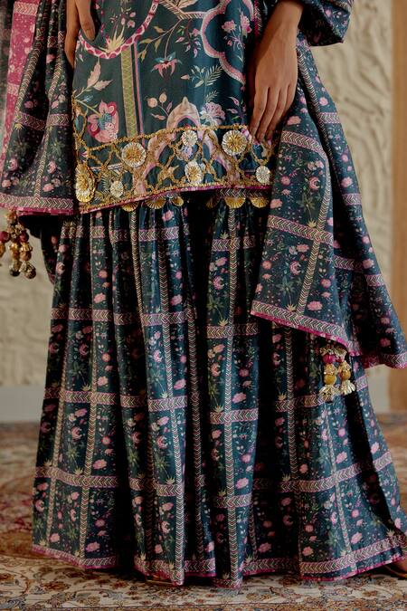 Buy_Sage Saga_Green Chanderi Silk Embroidery, Gota Patti, Morni Floral Print Kurta Sharara Set 