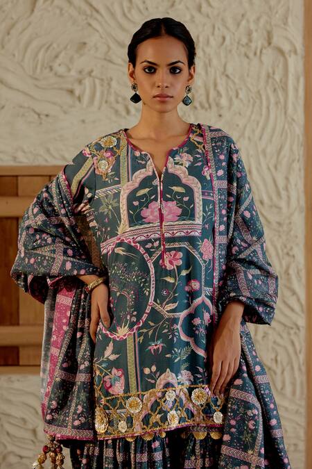 Shop_Sage Saga_Green Chanderi Silk Embroidery, Gota Patti, Morni Floral Print Kurta Sharara Set 