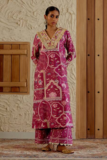 Sage Saga Pink Chanderi Silk Embroidery, Lace, Pom-poms Floral Print Kurta Palazzo Set Online at Aza Fashions Sage Saga_Pink Chanderi Silk Embroidery, Lace, Pom-poms Floral Print Kurta Palazzo Set _Online_at_Aza_Fashions