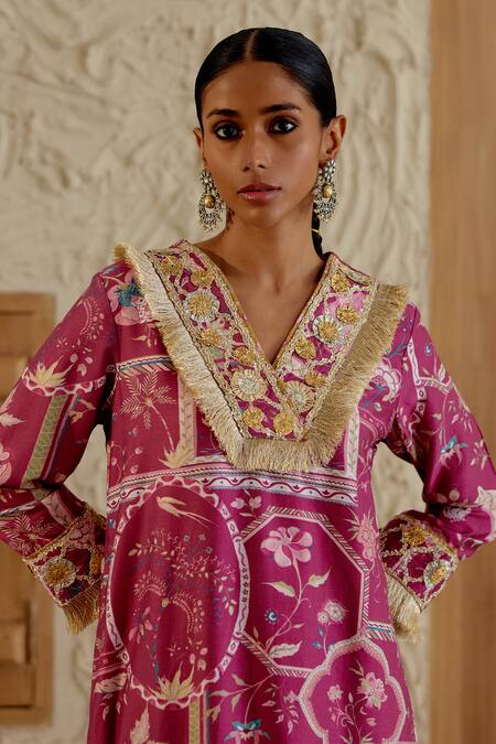 Sage Saga Pink Chanderi Silk Embroidery, Lace, Pom-poms Floral Print Kurta Palazzo Set at Aza Fashions Sage Saga_Pink Chanderi Silk Embroidery, Lace, Pom-poms Floral Print Kurta Palazzo Set _at_Aza_Fashions