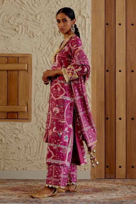 Buy Sage Saga Pink Chanderi Silk Embroidery, Lace, Pom-poms Floral Print Kurta Palazzo Set Buy_Sage Saga_Pink Chanderi Silk Embroidery, Lace, Pom-poms Floral Print Kurta Palazzo Set