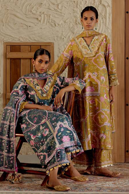 Sage Saga Yellow Chanderi Silk Gota Patti, Sarson Floral Print Kurta Palazzo Set Online at Aza Fashions Sage Saga_Yellow Chanderi Silk Gota Patti, Sarson Floral Print Kurta Palazzo Set _Online_at_Aza_Fashions