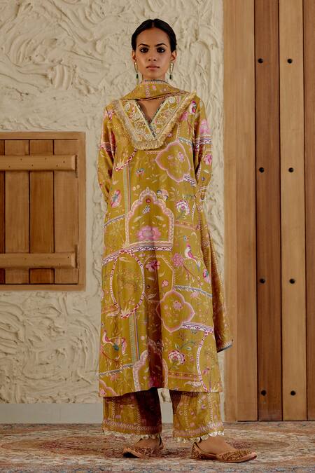 Buy Sage Saga Yellow Chanderi Silk Gota Patti, Sarson Floral Print Kurta Palazzo Set Online at Aza Fashions Buy_Sage Saga_Yellow Chanderi Silk Gota Patti, Sarson Floral Print Kurta Palazzo Set _Online_at_Aza_Fashions