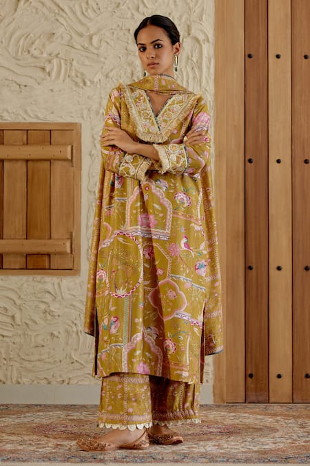 Shop Sage Saga Yellow Chanderi Silk Gota Patti, Sarson Floral Print Kurta Palazzo Set Online at Aza Fashions Shop_Sage Saga_Yellow Chanderi Silk Gota Patti, Sarson Floral Print Kurta Palazzo Set _Online_at_Aza_Fashions