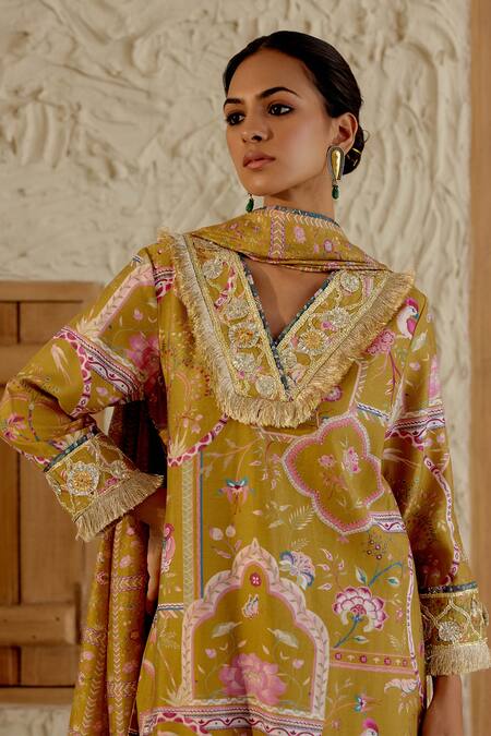 Sage Saga Yellow Chanderi Silk Gota Patti, Sarson Floral Print Kurta Palazzo Set at Aza Fashions Sage Saga_Yellow Chanderi Silk Gota Patti, Sarson Floral Print Kurta Palazzo Set _at_Aza_Fashions