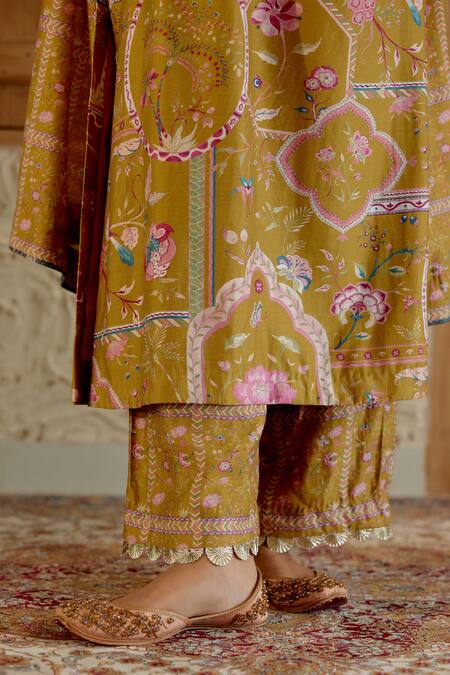 Buy Sage Saga Yellow Chanderi Silk Gota Patti, Sarson Floral Print Kurta Palazzo Set Buy_Sage Saga_Yellow Chanderi Silk Gota Patti, Sarson Floral Print Kurta Palazzo Set