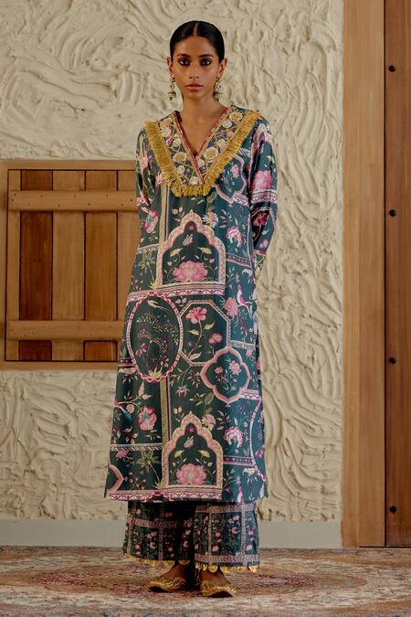 Buy Sage Saga Green Chanderi Silk Embroidery, Lace, Morni Floral Print Kurta Palazzo Set Online at Aza Fashions Buy_Sage Saga_Green Chanderi Silk Embroidery, Lace, Morni Floral Print Kurta Palazzo Set _Online_at_Aza_Fashions