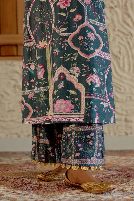 Shop Sage Saga Green Chanderi Silk Embroidery, Lace, Morni Floral Print Kurta Palazzo Set Online at Aza Fashions Shop_Sage Saga_Green Chanderi Silk Embroidery, Lace, Morni Floral Print Kurta Palazzo Set _Online_at_Aza_Fashions