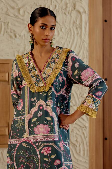 Sage Saga Green Chanderi Silk Embroidery, Lace, Morni Floral Print Kurta Palazzo Set at Aza Fashions Sage Saga_Green Chanderi Silk Embroidery, Lace, Morni Floral Print Kurta Palazzo Set _at_Aza_Fashions