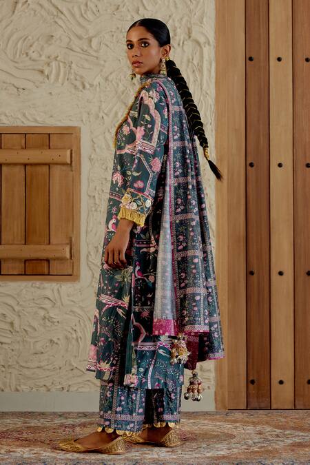 Buy Sage Saga Green Chanderi Silk Embroidery, Lace, Morni Floral Print Kurta Palazzo Set Buy_Sage Saga_Green Chanderi Silk Embroidery, Lace, Morni Floral Print Kurta Palazzo Set