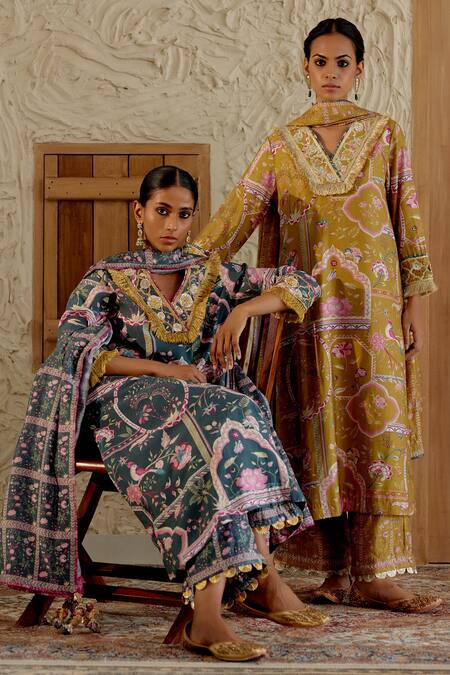 Shop Sage Saga Green Chanderi Silk Embroidery, Lace, Morni Floral Print Kurta Palazzo Set Shop_Sage Saga_Green Chanderi Silk Embroidery, Lace, Morni Floral Print Kurta Palazzo Set