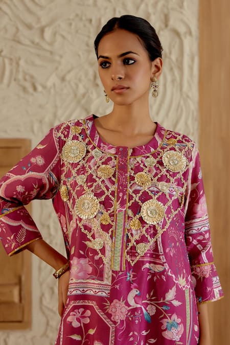 Shop_Sage Saga_Pink Chanderi Silk Gota Patti, Embroidery, Mughal Floral Print Kurta Salwar Set _Online_at_Aza_Fashions