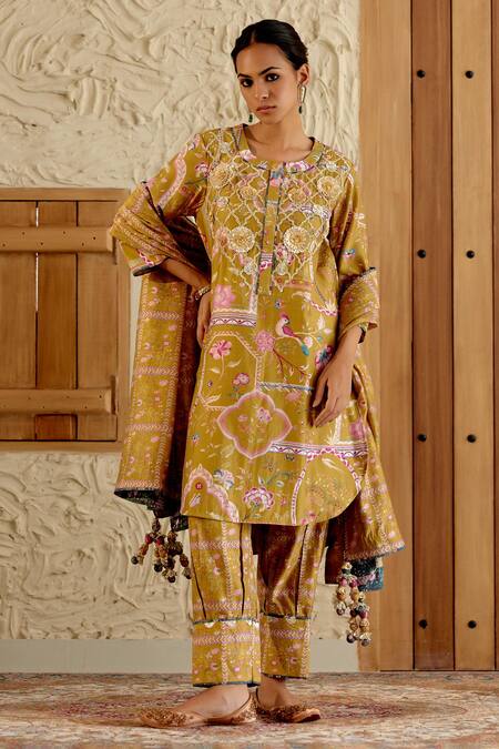 Sage Saga_Yellow Chanderi Silk Embroidery, Sarson Mughal Floral Print Kurta Salwar Set _Online_at_Aza_Fashions
