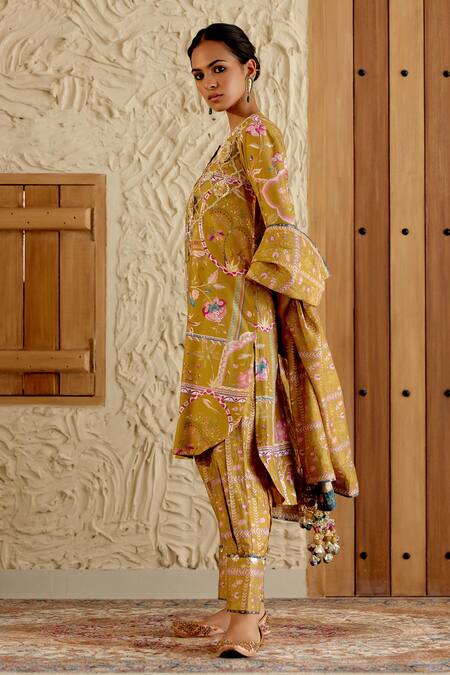 Buy_Sage Saga_Yellow Chanderi Silk Embroidery, Sarson Mughal Floral Print Kurta Salwar Set _Online_at_Aza_Fashions