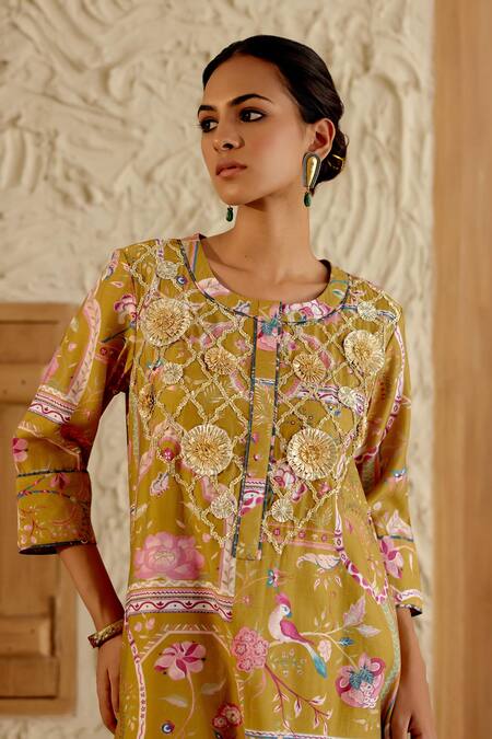 Shop_Sage Saga_Yellow Chanderi Silk Embroidery, Sarson Mughal Floral Print Kurta Salwar Set _Online_at_Aza_Fashions