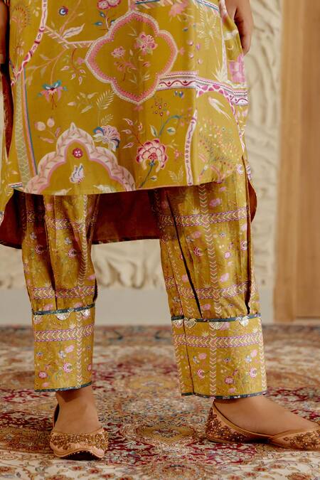 Buy_Sage Saga_Yellow Chanderi Silk Embroidery, Sarson Mughal Floral Print Kurta Salwar Set 