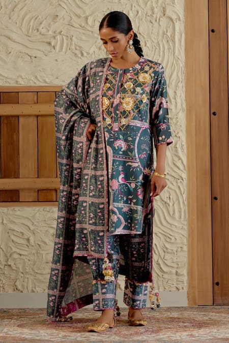 Sage Saga Green Chanderi Silk Print Mughal Floral Round Neck Morni Kurta Salwar Set 