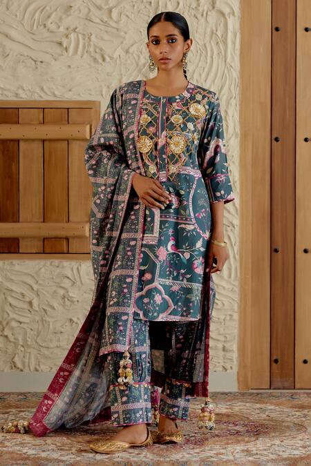 Buy Sage Saga Green Chanderi Silk Embroidery, Morni Mughal Floral Print Kurta Salwar Set Online at Aza Fashions Buy_Sage Saga_Green Chanderi Silk Embroidery, Morni Mughal Floral Print Kurta Salwar Set _Online_at_Aza_Fashions