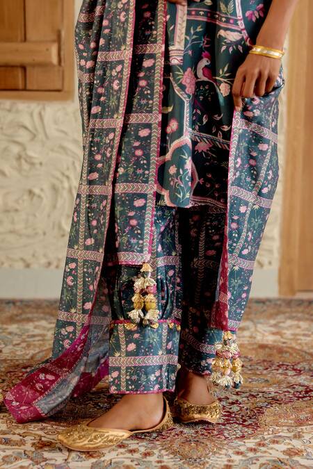 Shop Sage Saga Green Chanderi Silk Embroidery, Morni Mughal Floral Print Kurta Salwar Set Online at Aza Fashions Shop_Sage Saga_Green Chanderi Silk Embroidery, Morni Mughal Floral Print Kurta Salwar Set _Online_at_Aza_Fashions