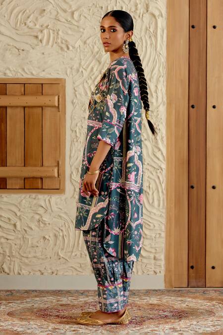 Sage Saga Green Chanderi Silk Embroidery, Morni Mughal Floral Print Kurta Salwar Set at Aza Fashions Sage Saga_Green Chanderi Silk Embroidery, Morni Mughal Floral Print Kurta Salwar Set _at_Aza_Fashions