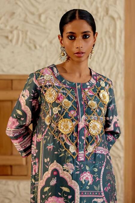 Buy Sage Saga Green Chanderi Silk Embroidery, Morni Mughal Floral Print Kurta Salwar Set Buy_Sage Saga_Green Chanderi Silk Embroidery, Morni Mughal Floral Print Kurta Salwar Set