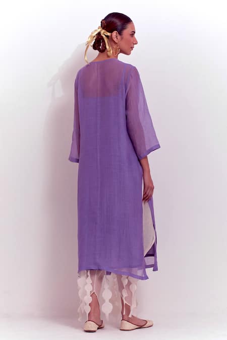 Shop_Shikha Malik_Purple Silk, Chanderi Round Neck Textured Yoke Kurta _at_Aza_Fashions