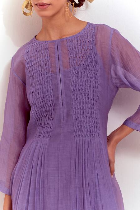 Shop_Shikha Malik_Purple Silk, Chanderi Round Neck Textured Yoke Kurta _Online_at_Aza_Fashions