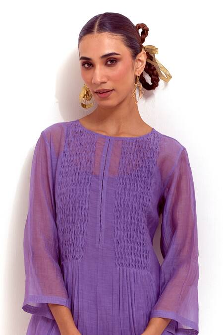 Shikha Malik_Purple Silk, Chanderi Round Neck Textured Yoke Kurta _at_Aza_Fashions