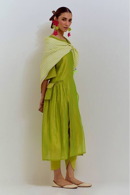 Buy Shikha Malik Green Silk, Chanderi Round Neck Front Slit Kurta Online at Aza Fashions Buy_Shikha Malik_Green Silk, Chanderi Round Neck Front Slit Kurta _Online_at_Aza_Fashions