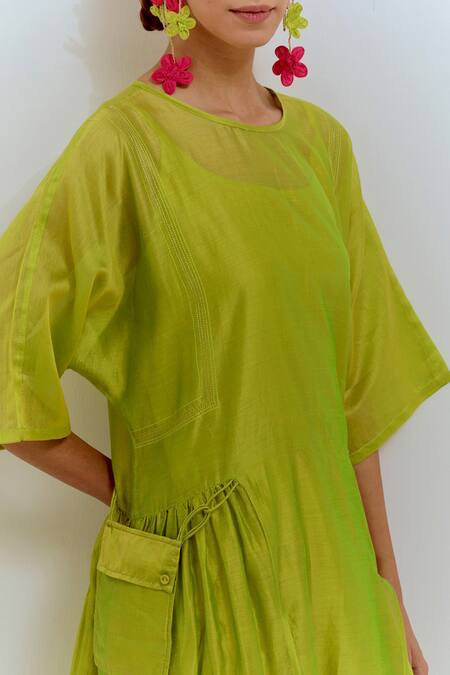 Shikha Malik Green Silk, Chanderi Round Neck Front Slit Kurta at Aza Fashions Shikha Malik_Green Silk, Chanderi Round Neck Front Slit Kurta _at_Aza_Fashions