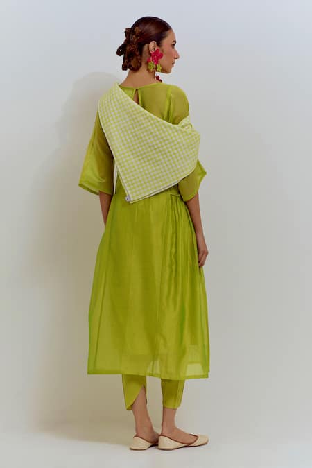 Shop Shikha Malik Green Silk, Chanderi Round Neck Front Slit Kurta And Dhoti Pant Set at Aza Fashions Shop_Shikha Malik_Green Silk, Chanderi Round Neck Front Slit Kurta And Dhoti Pant Set _at_Aza_Fashions