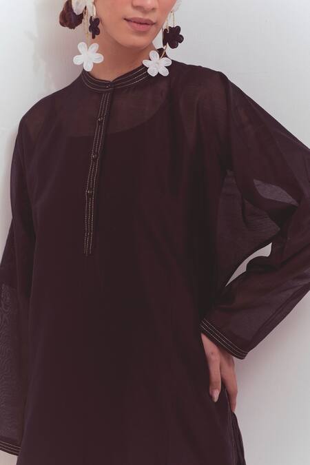 Shop Shikha Malik Black Silk, Chanderi Zari Mandarin Collar Plain Curved Hem Kurta Online at Aza Fashions Shop_Shikha Malik_Black Silk, Chanderi Zari Mandarin Collar Plain Curved Hem Kurta _Online_at_Aza_Fashions