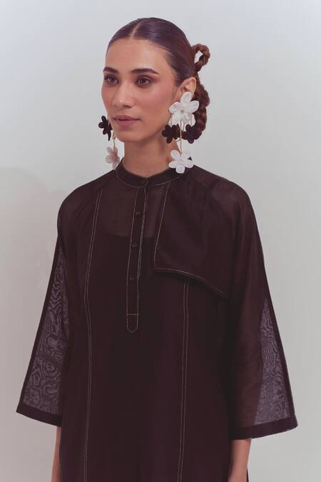 Shikha Malik Black Silk, Chanderi Zari Mandarin Collar Plain Curved Hem Kurta at Aza Fashions Shikha Malik_Black Silk, Chanderi Zari Mandarin Collar Plain Curved Hem Kurta _at_Aza_Fashions